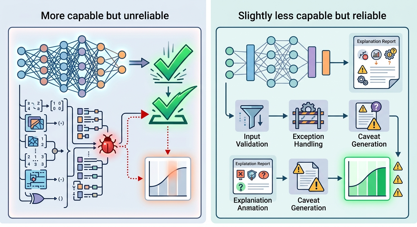 Two-panel comparison — Panel A: "More capable but unreliable" — a code output that is technically complex but contains subtle bugs, delivered in an overconfident tone with no caveats; Panel B: "Slightly less capable but reliable" — the same query answered correctly with appropriate caveats, error handling, and a clear explanation of limitations. Caption: "Which model would you deploy in a medical diagnosis setting?"