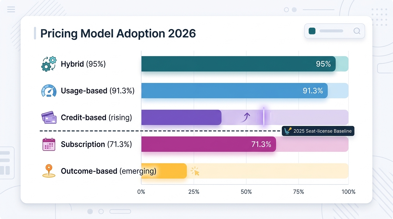 A horizontal stacked bar chart titled "Pricing Model Adoption 2026" with five bars: Hybrid (95%), Usage-based (91.3%), Credit-based (rising), Subscription (71.3%), and Outcome-based (emerging). Each bar is color-coded and labeled with its percentage adoption; a horizontal dashed line marks the 2025 seat-license baseline for comparison.