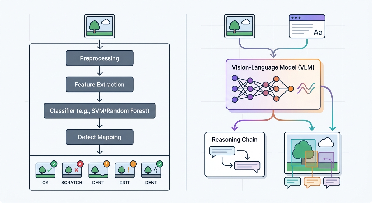 Side-by-side diagram comparing classical computer vision (rigid, precise) with vision-language model inspection (flexible)