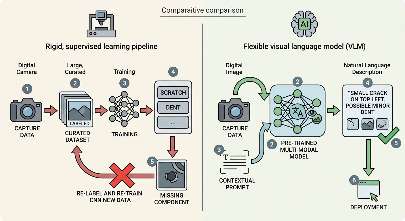 Traditional trained-CNN inspection with retraining vs vision-language model zero-shot defect detection, 2026 comparison