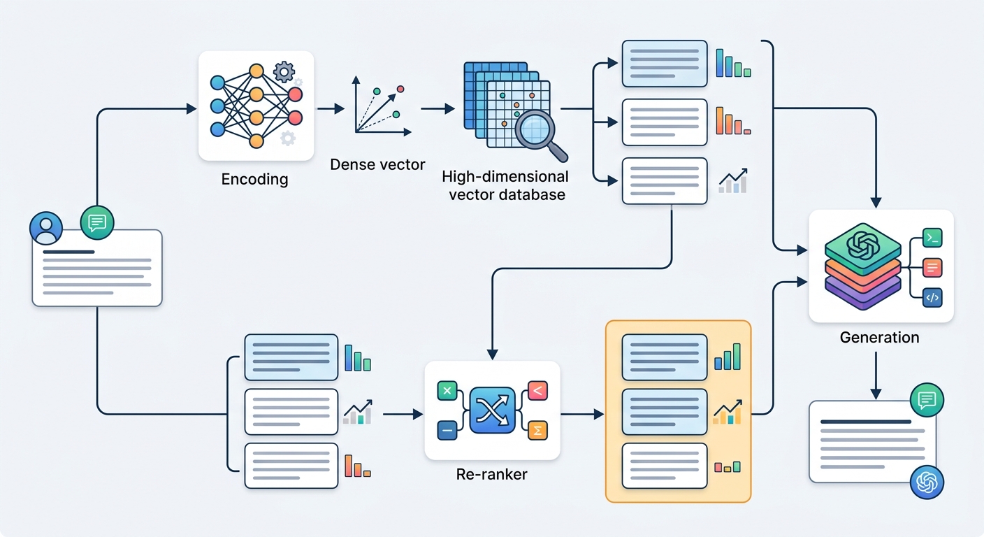 A diagram showing the retrieval loop: Query → Embedding model → Top-k vector search → Score → Context injection → LLM. With re-ranking step: retrieved chunks → cross-encoder reranker → reordered chunks → LLM.