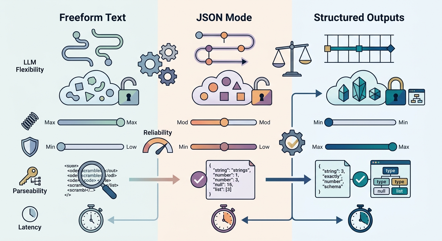 Decision matrix comparing freeform text, JSON mode, and structured outputs across dimensions of flexibility, reliability, parseability, and latency