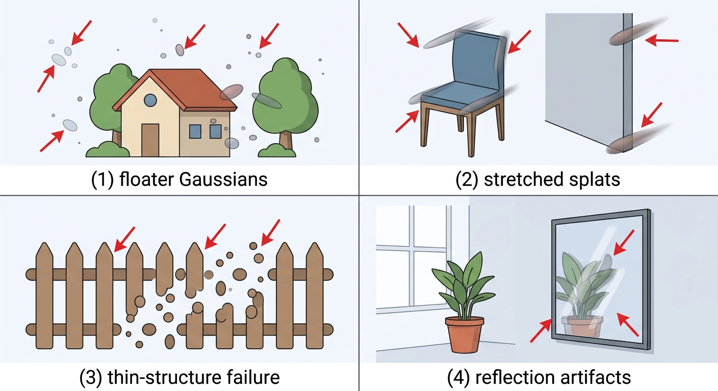 Visual taxonomy of 3DGS artifact types: floater Gaussians, stretched splats, thin-structure failure, and reflection artifacts in a 2x2 grid