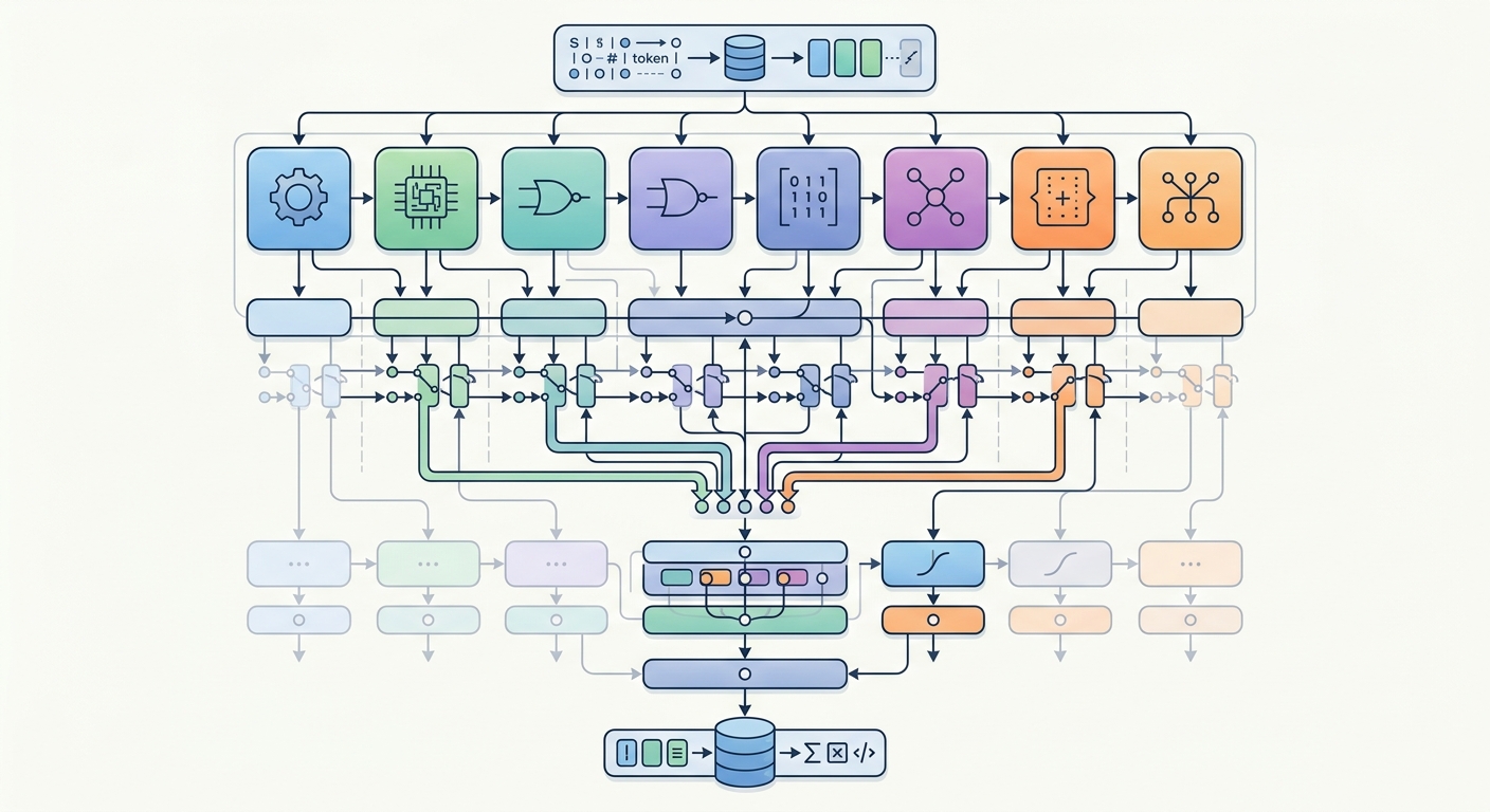 Mixtral MoE architecture: transformer layers with alternating attention blocks and MoE blocks containing 8 expert FFNs with shared routing