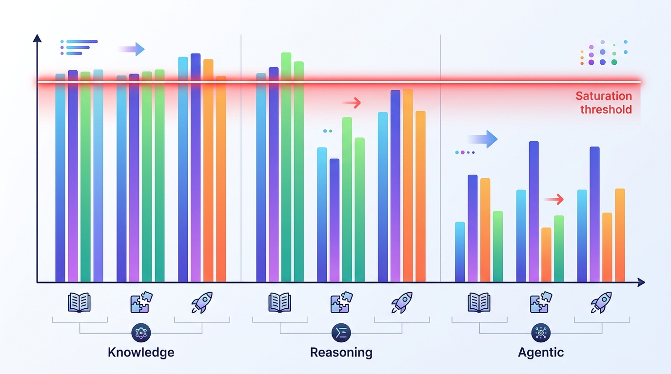 Benchmark categories matrix: knowledge, reasoning, and agentic evaluation with a saturation threshold line