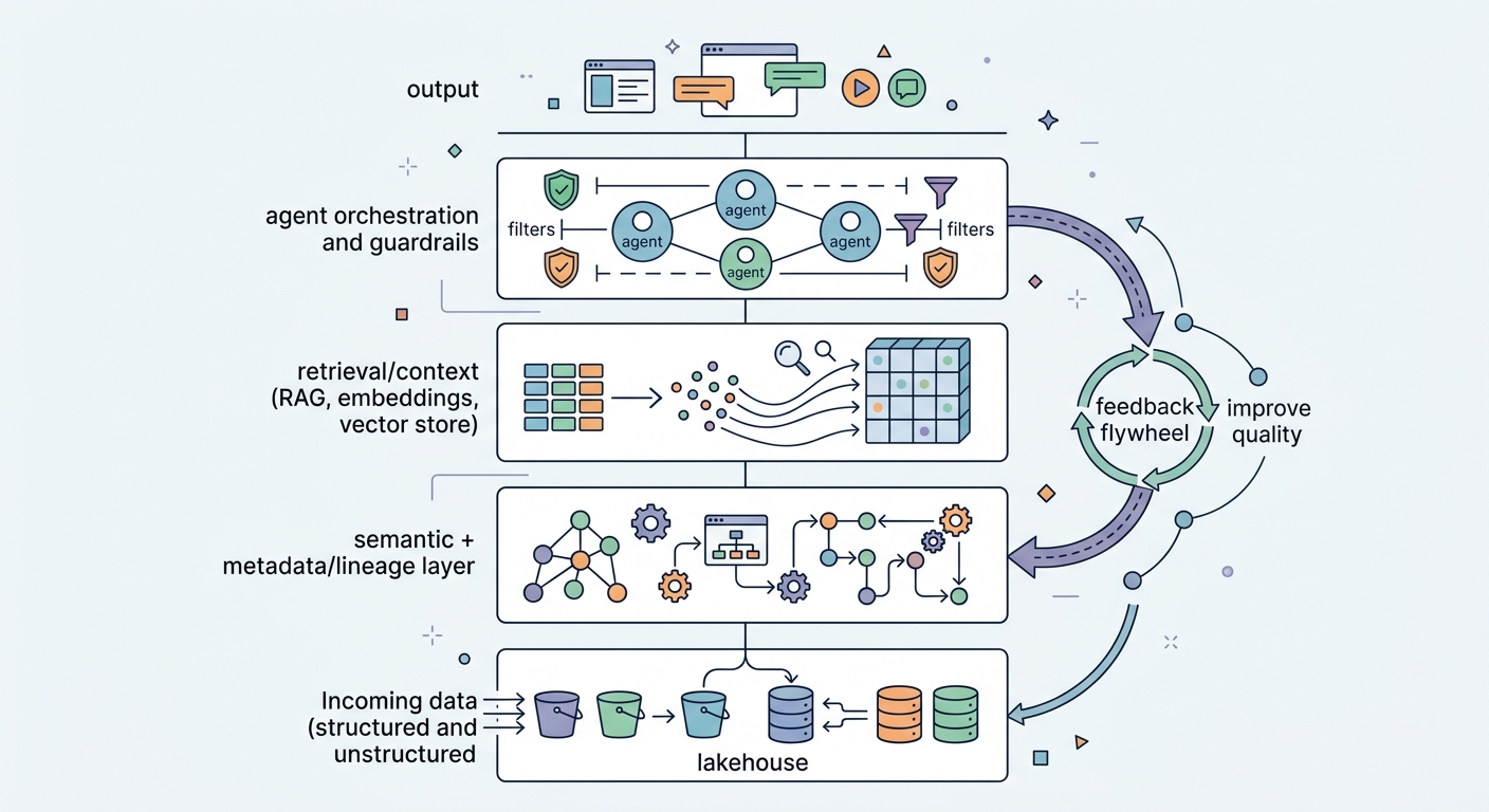 Data-first agentic AI architecture diagram: lakehouse base, semantic and metadata/lineage layer, RAG and vector retrieval, agent orchestration with guardrails, and a feedback flywheel improving data quality