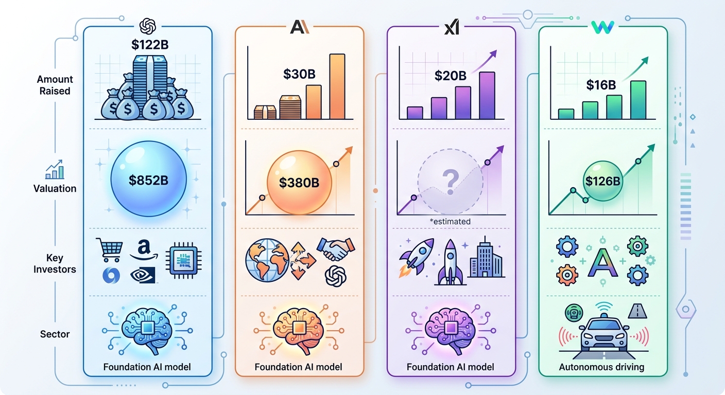 Comparison of OpenAI, Anthropic, xAI, and Waymo funding rounds in H1 2026