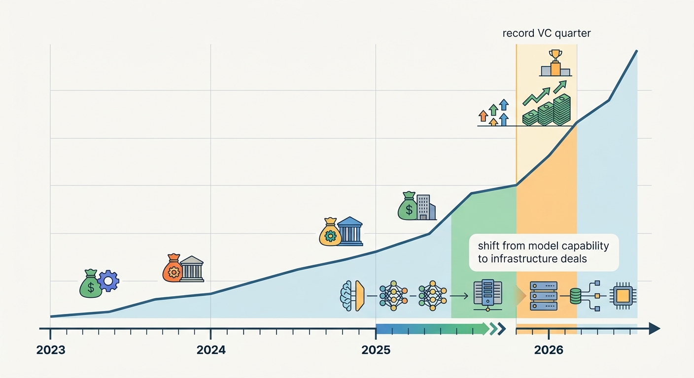 Timeline chart showing the rising slope of AI M&A deal value from 2023 to mid-2026, with markers for the record Q1 2026 VC quarter and the shift from model capability to infrastructure deals.