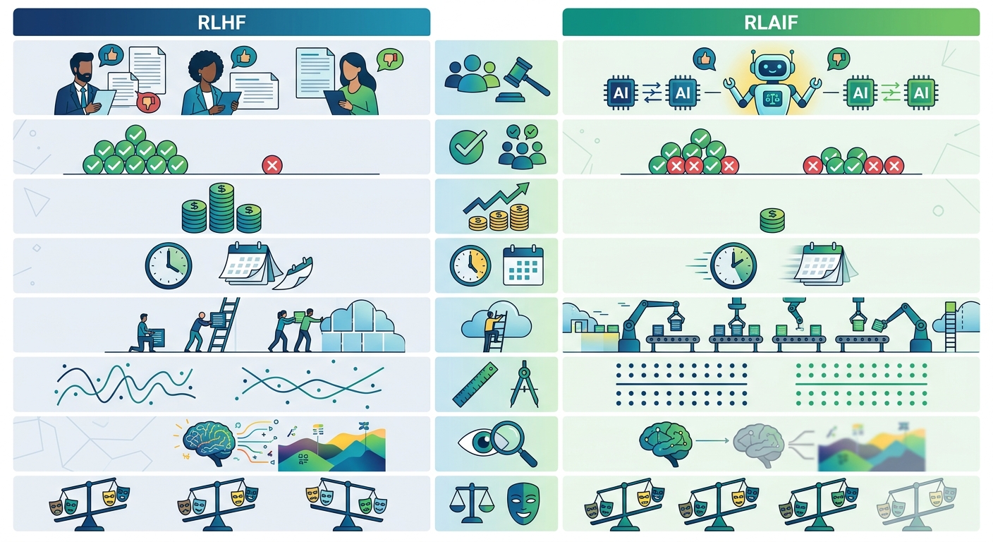 RLHF vs RLAIF comparison table across 8 dimensions: Feedback Source, Quality, Cost, Speed, Scalability, Consistency, Nuance/Cultural Context, Bias Risk