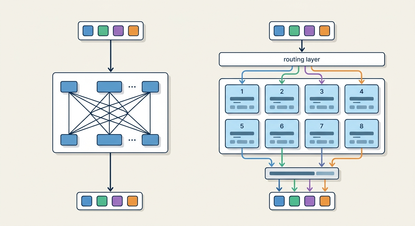 Diagram showing dense FFN layer on left (single pathway) compared to MoE layer on right (8 parallel expert boxes with a routing layer directing tokens to relevant experts)
