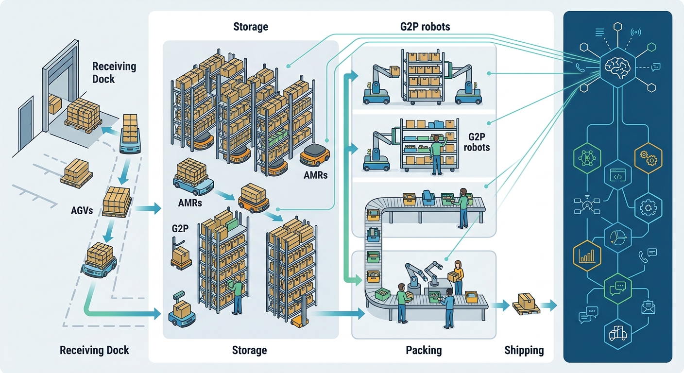 Architecture diagram showing four robot types in an automated warehouse: AMRs, G2P robots, cobots, and AGVs with AI orchestration layer