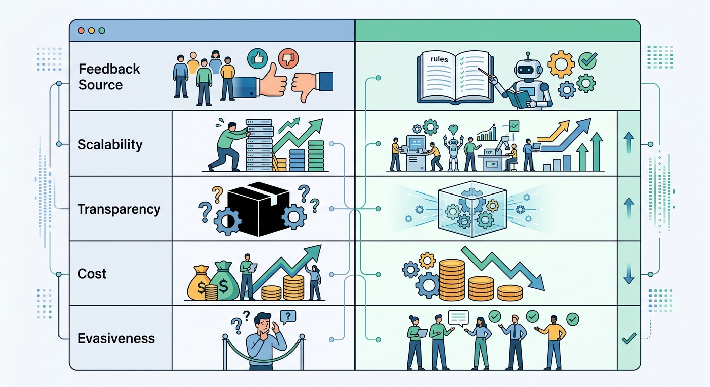 Comparison diagram showing Constitutional AI vs RLHF across Feedback Source, Scalability, Transparency, Cost, Evasiveness dimensions