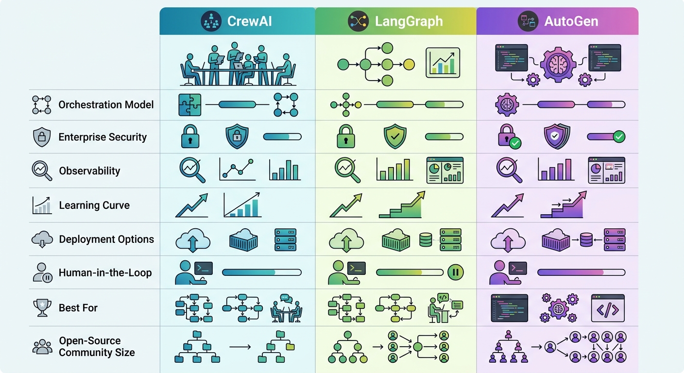 Comparison table of CrewAI vs LangGraph vs AutoGen across 8 dimensions