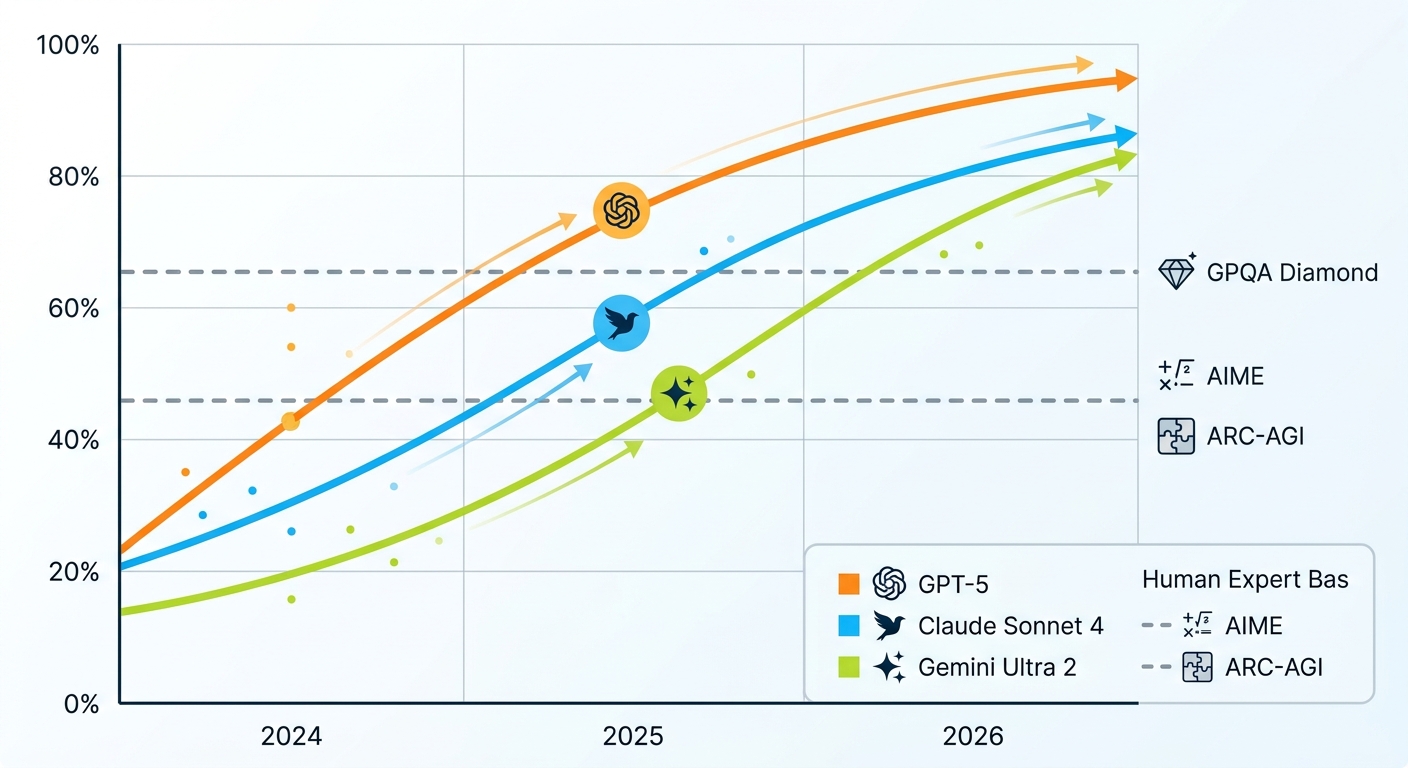 A visual comparison chart showing benchmark performance trajectories from 2024 to 2026, with human expert baselines marked as reference points