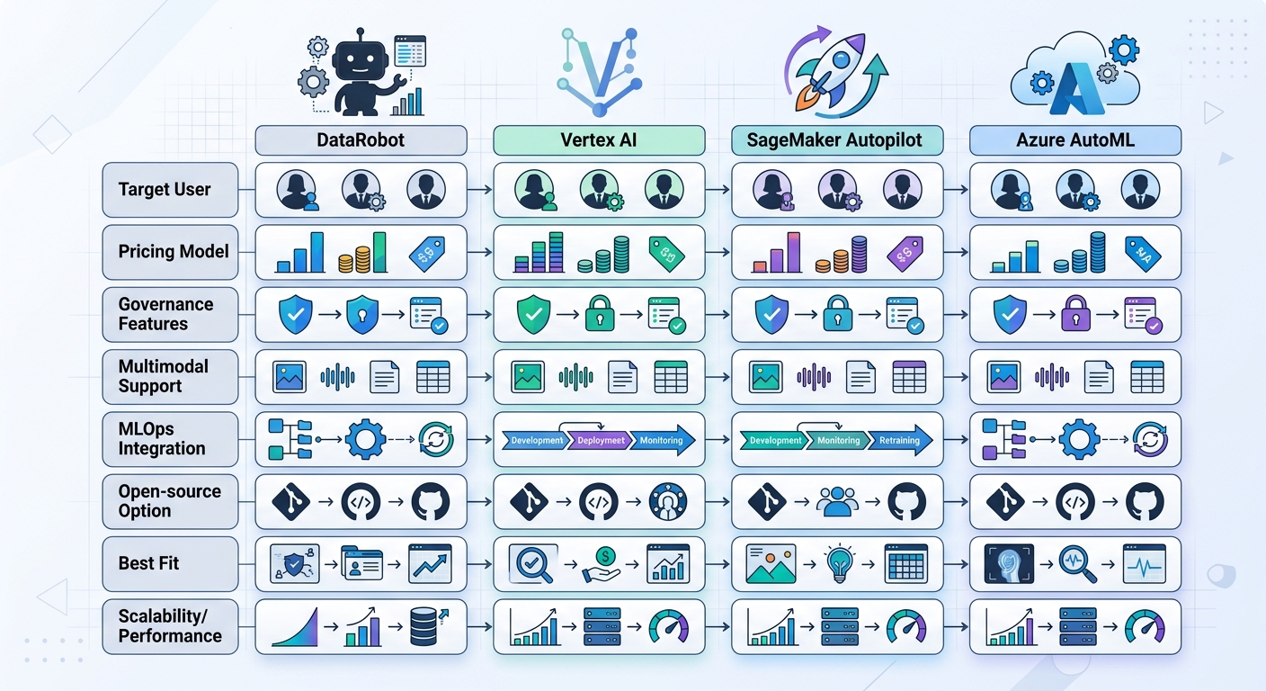 A comparison table showing DataRobot, Vertex AI, SageMaker Autopilot, and Azure AutoML across 8 dimensions