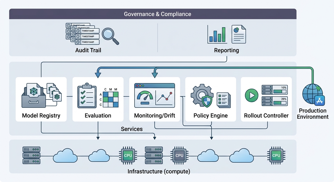 Layered governed MLOps stack: infra, model registry, evaluation, monitoring drift, policy engine, rollout controller, and governance compliance layer