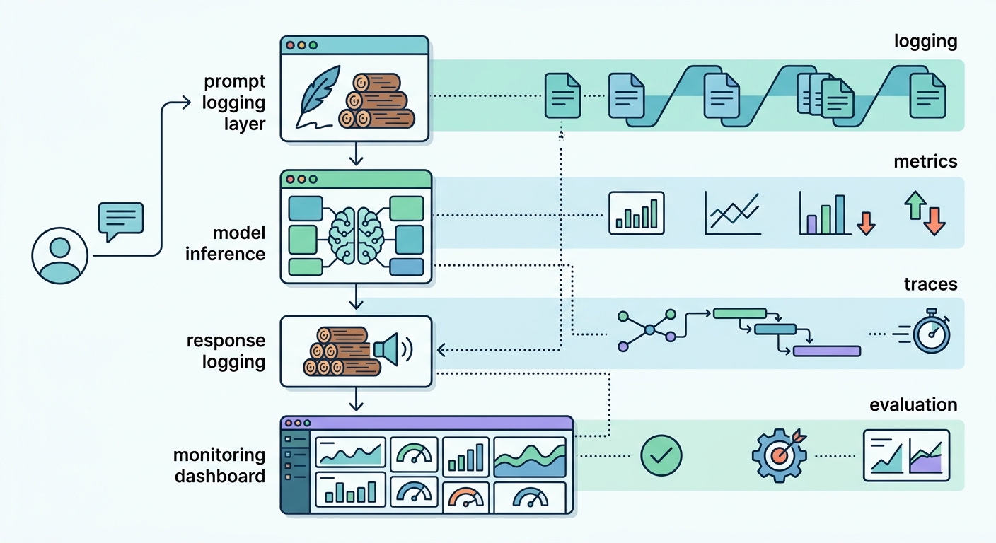 LLM observability architecture diagram showing the complete pipeline from user query to monitoring dashboard