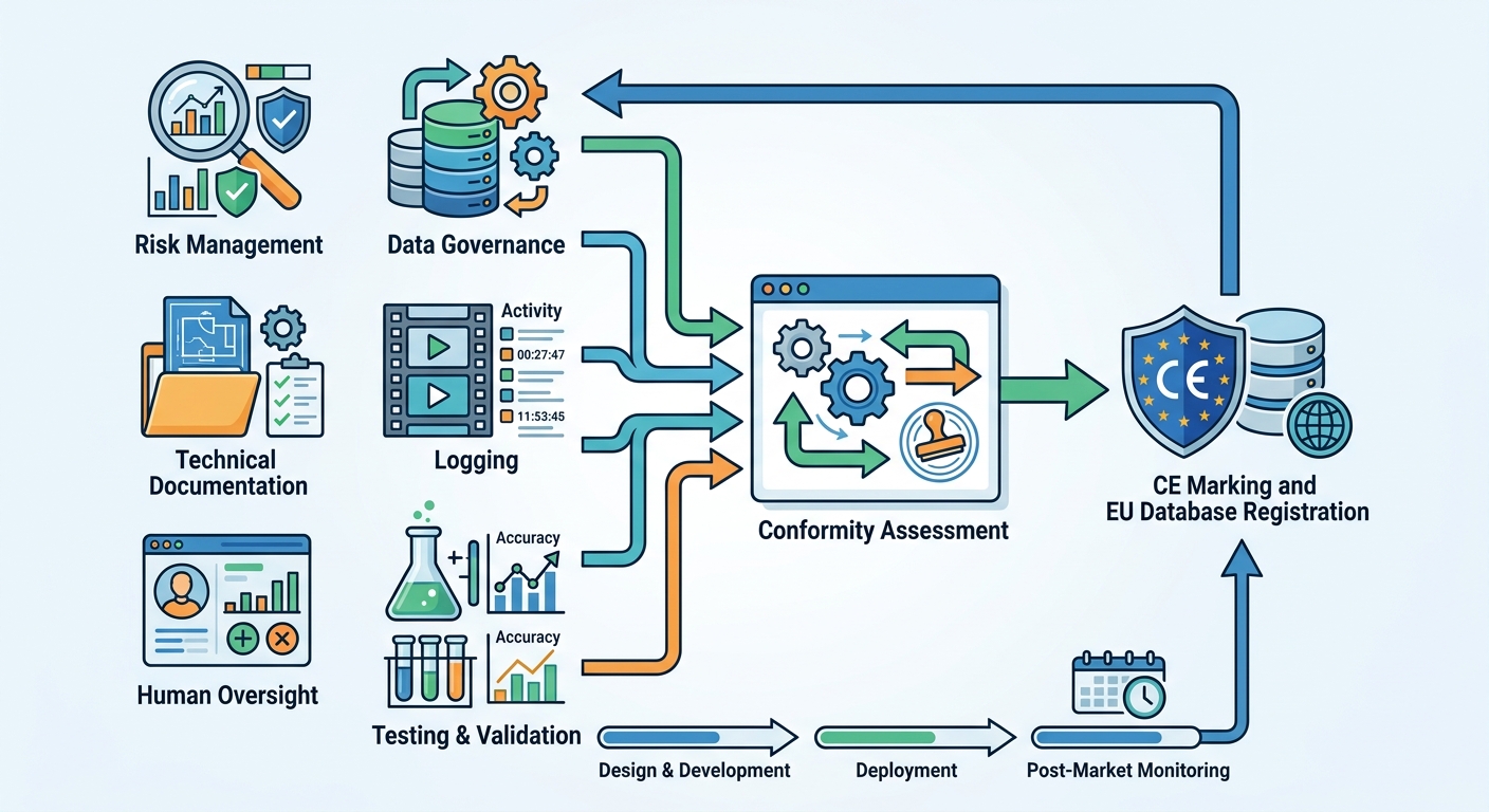 EU AI Act compliance pipeline flowchart showing 6 requirements flowing into conformity assessment and CE marking