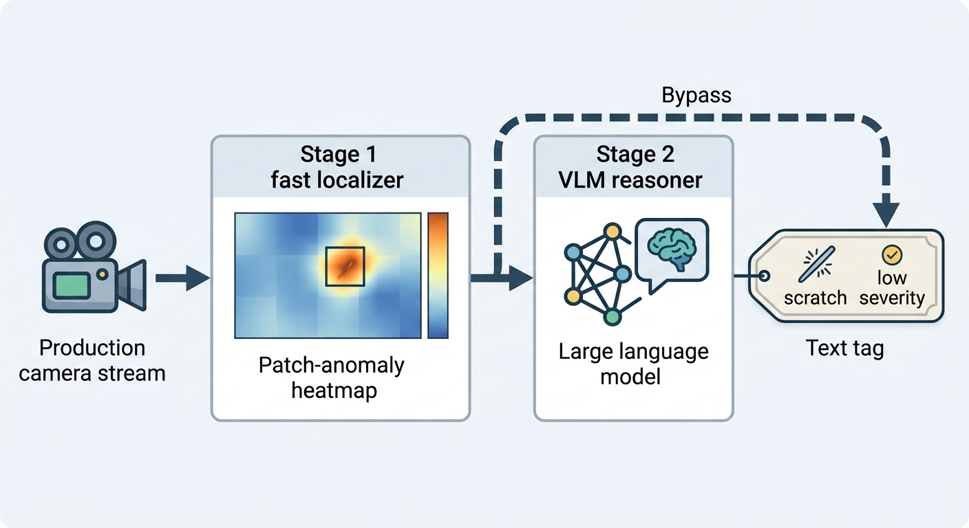 Two-stage industrial inspection architecture: fast unsupervised localizer feeding a vision-language model reasoner