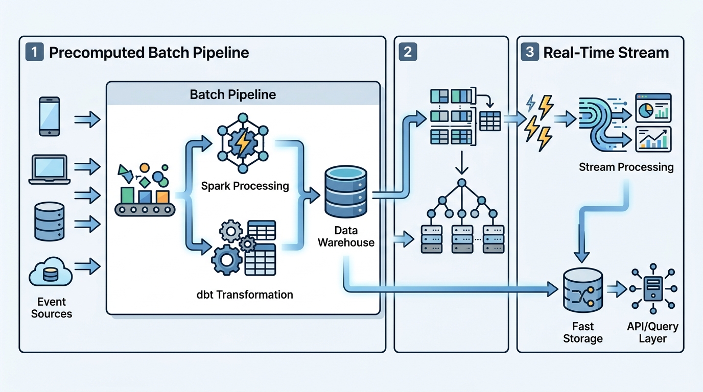 Three-Panel Feature Store Architecture Diagram: Precomputed (Batch), Streaming, and Hybrid Patterns