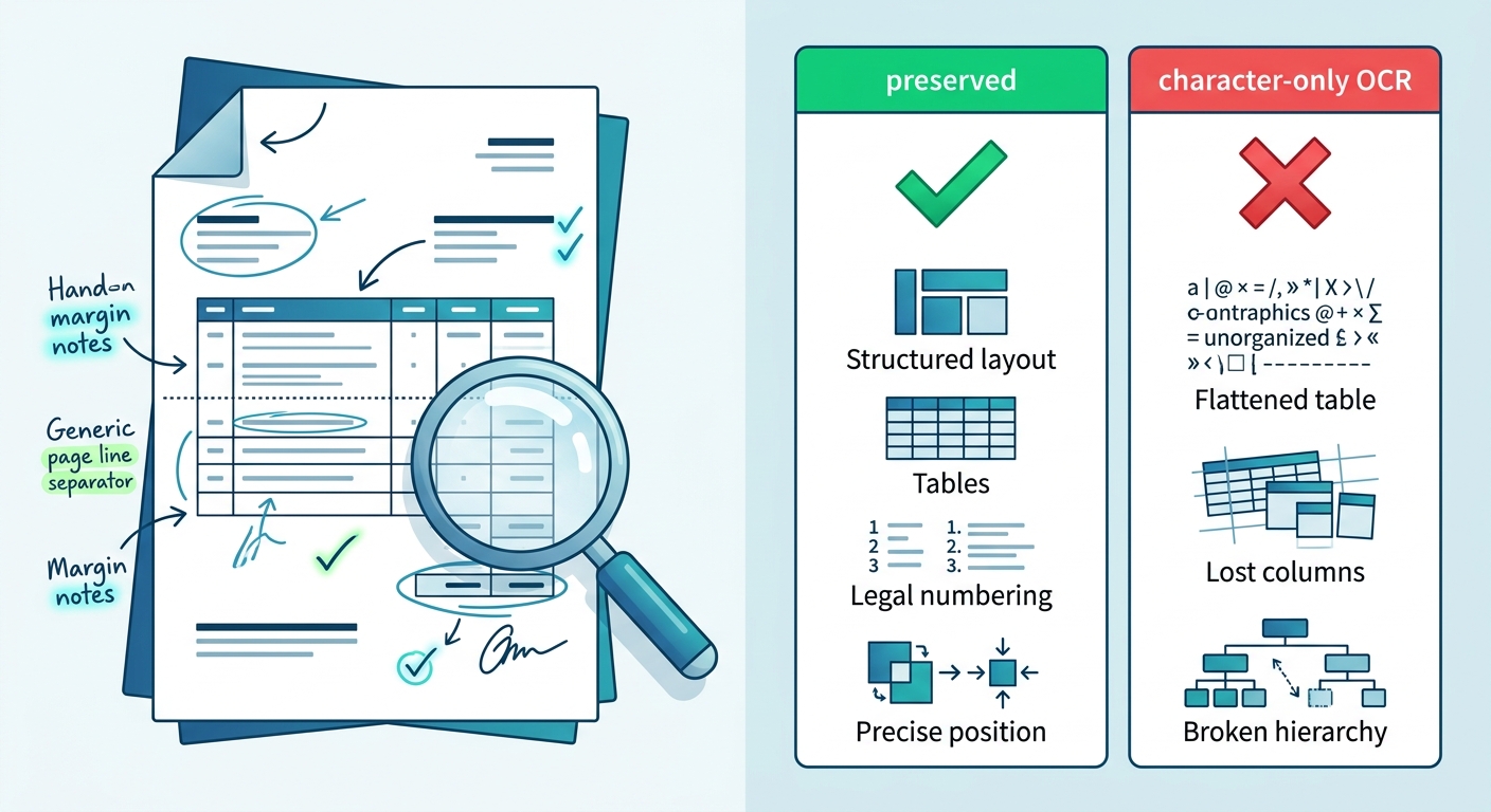 A document-fidelity infographic. On the left, a single scanned invoice/contract page with a rotated corner scan, a table spanning a page break, and ha