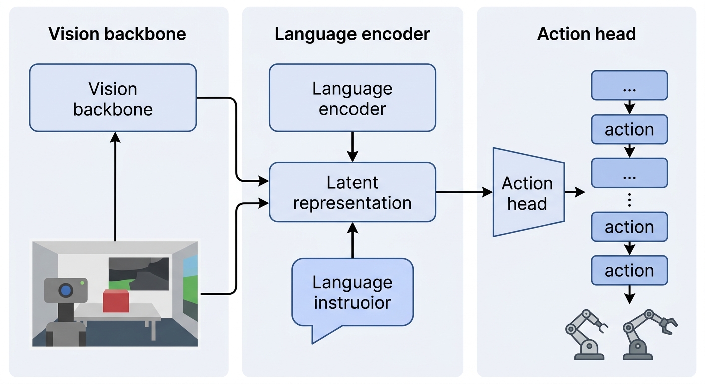 VLA model architecture diagram: vision backbone, language encoder, and action head producing action chunks for a robot arm