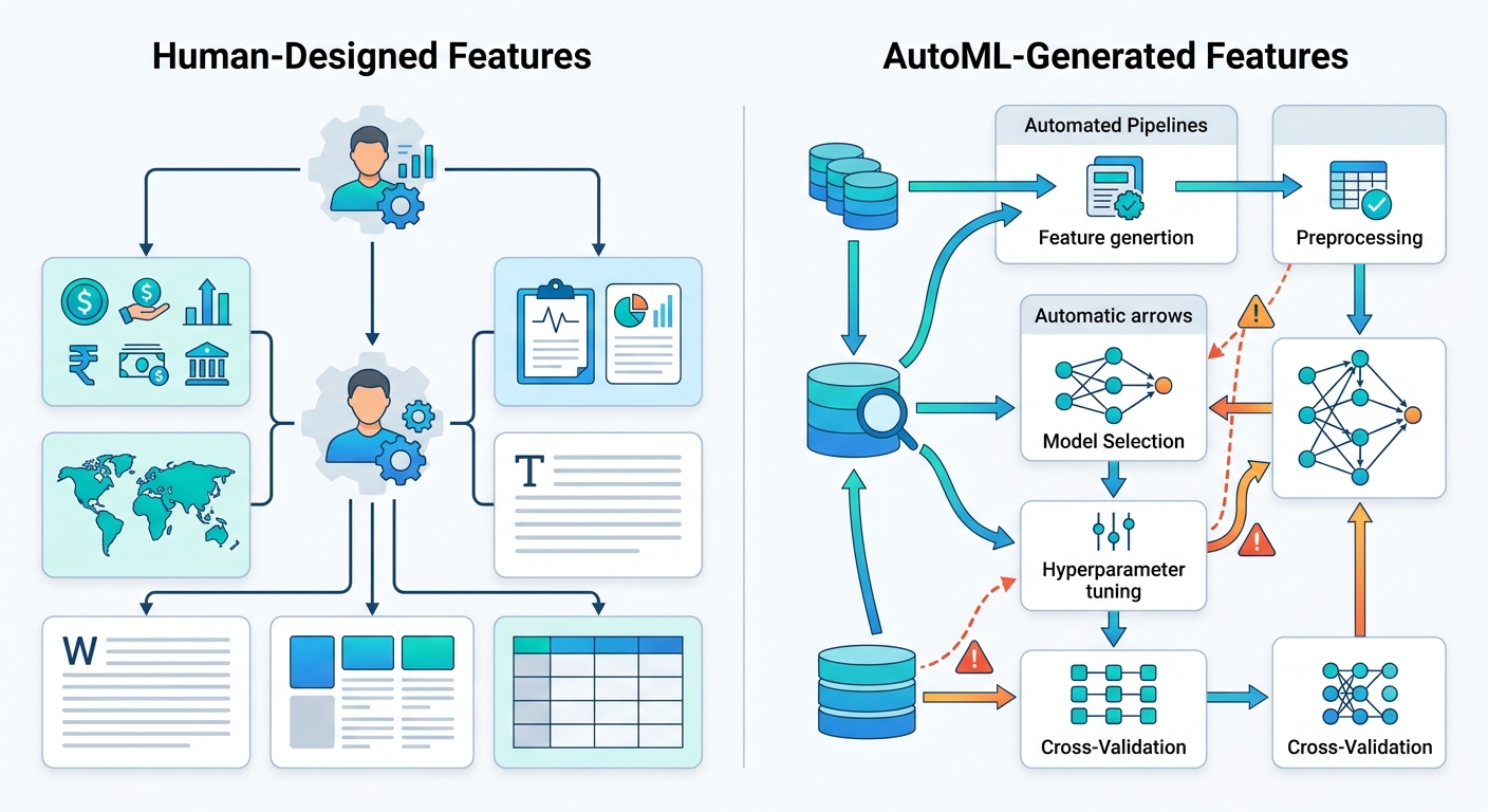 A two-column comparison of human-designed features versus AutoML-generated features