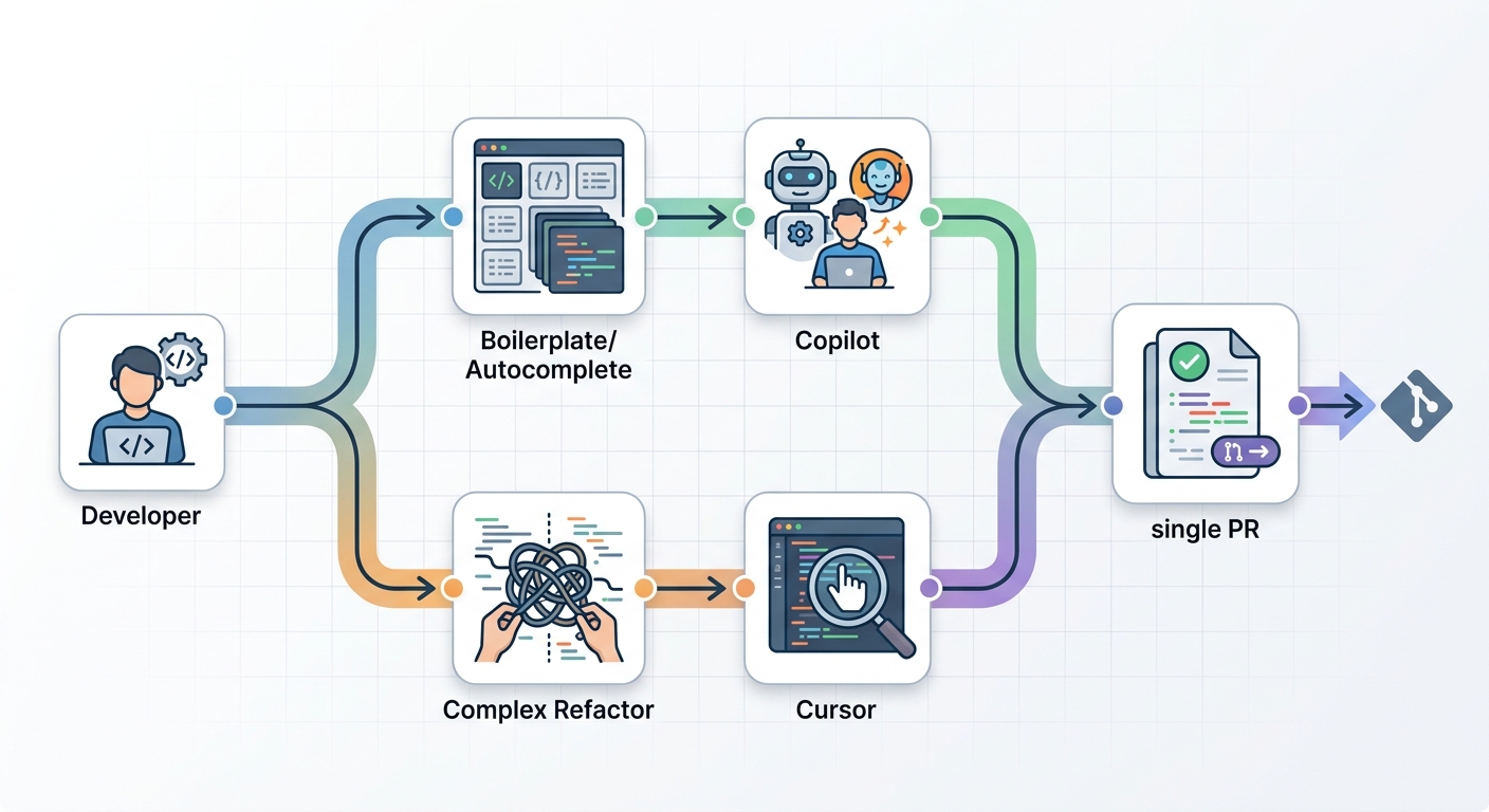Flow diagram showing hybrid developer workflow: Boilerplate/Autocomplete routed to Copilot, Complex Refactor routed to Cursor, both converging into a single pull request.