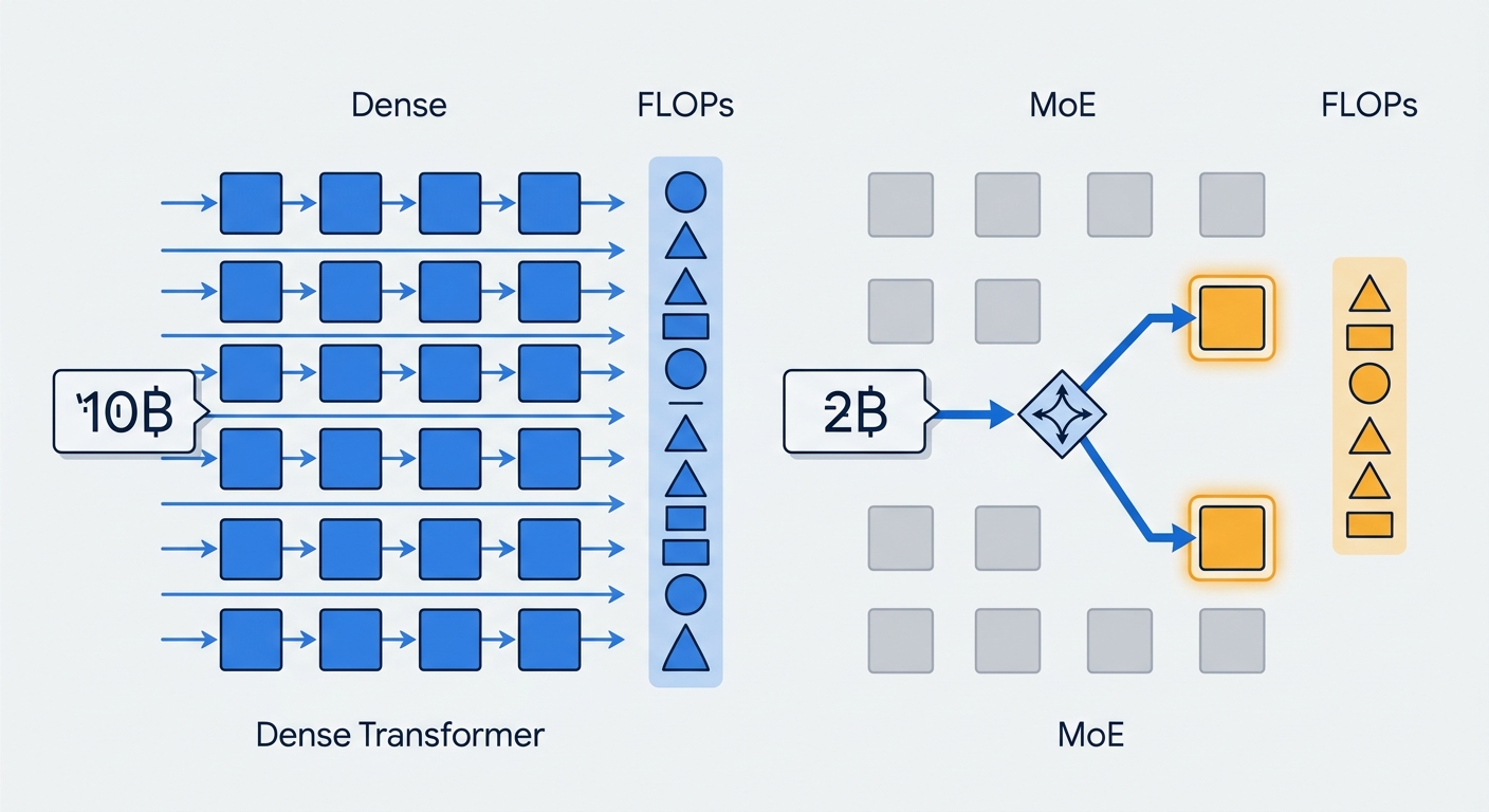 Sparse Mixture of Experts architecture diagram: dense vs MoE layers