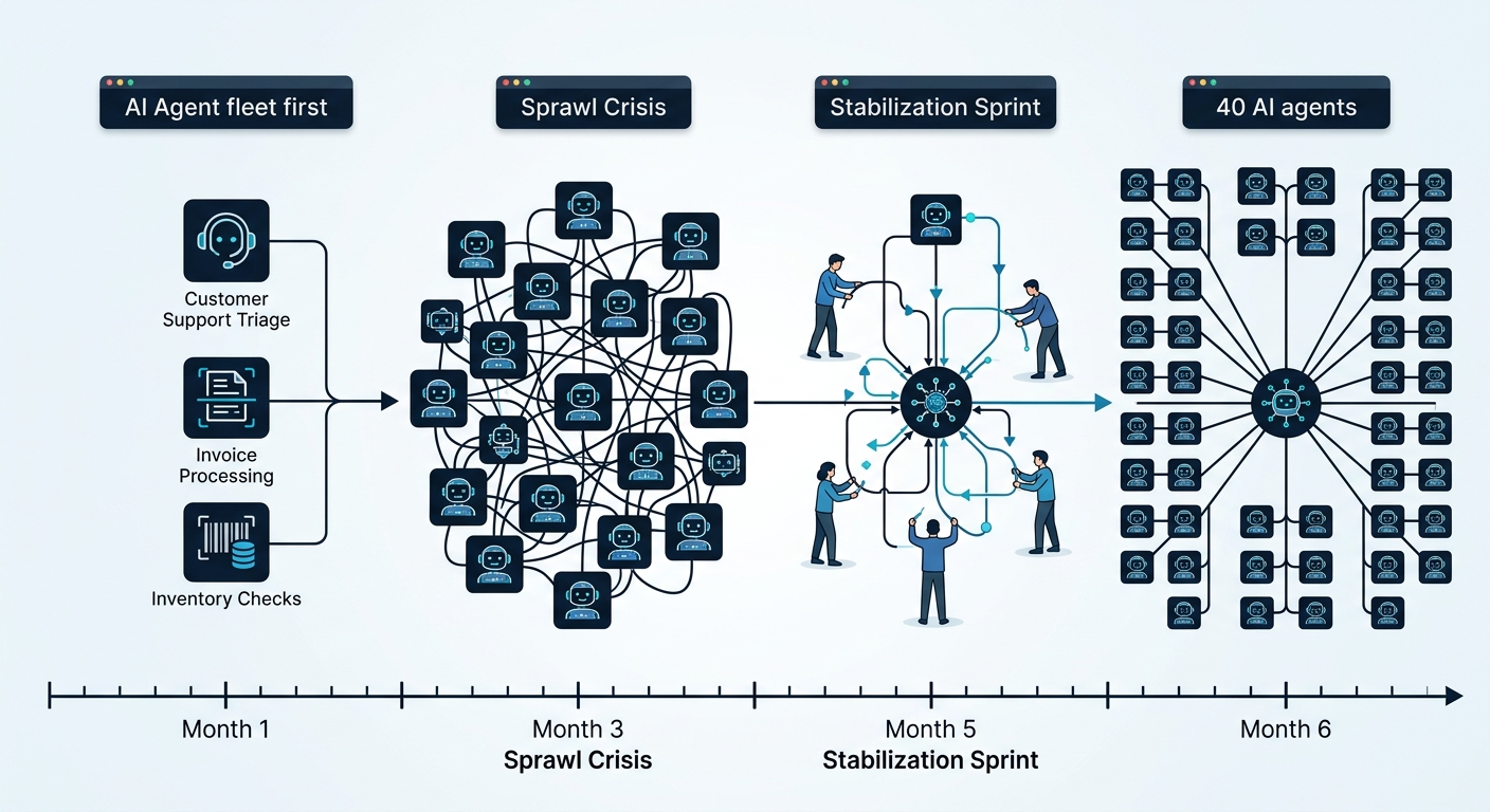 Timeline showing the growth of an AI agent fleet from 3 agents at Month 1 through sprawl crisis at Month 3 to 40 agents at Month 6