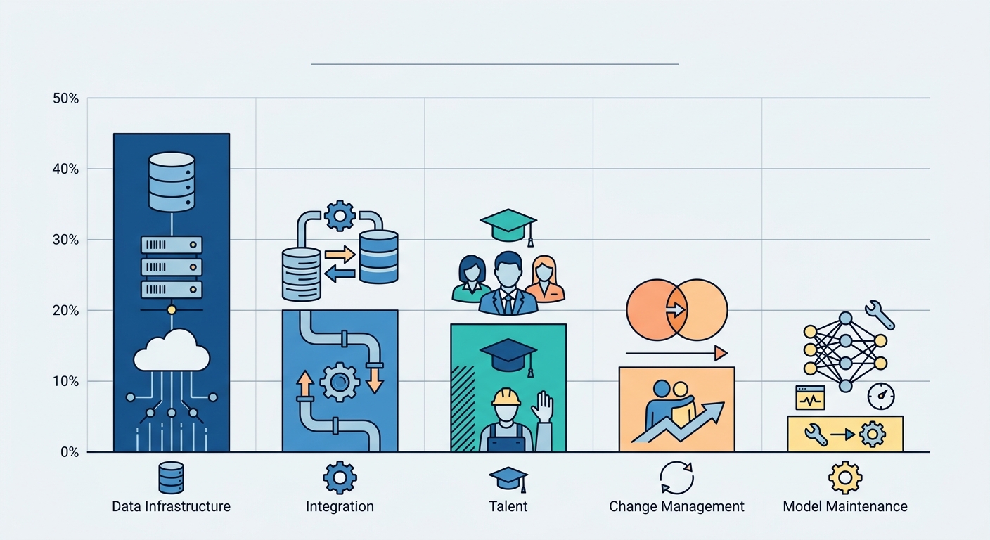 AI project cost breakdown: Data Infrastructure 45%, Integration 20%, Talent 18%, Change Management 12%, Model Maintenance 5%