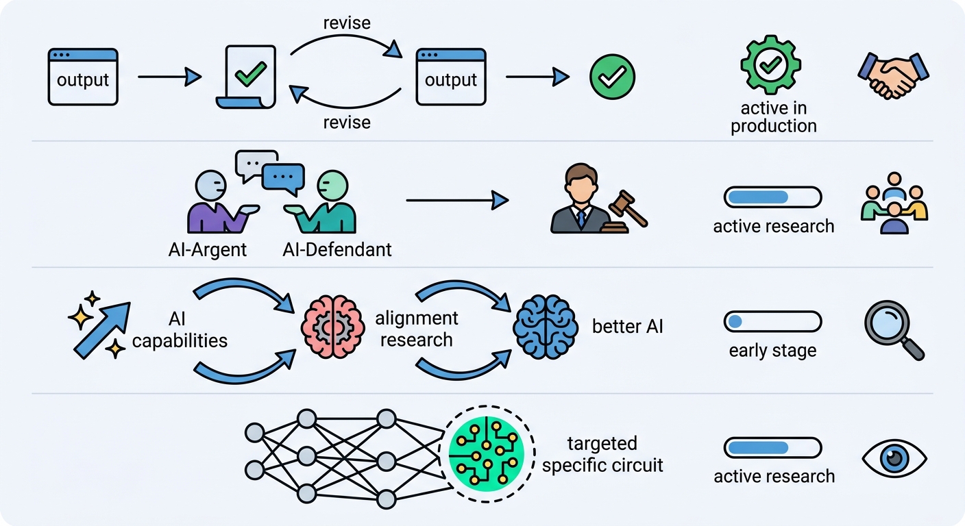 Four parallel tracks labeled "Solution" — Constitutional AI (self-critique pipeline: "Write output → Check against constitution → Revise → Final"), Scalable Oversight (debate setup: "AI-Argent vs AI-Defendant → Human judge → Verdict"), Automated Alignment (circular diagram: "AI capabilities → Alignment research → Better AI → Repeat"), Interpretability-based Alignment (neural network with a highlighted circuit, annotation "Target specific circuits, preserve others"). Each labeled with primary benefit and development stage: "Active in production," "Active research," "Early stage," "Active research."