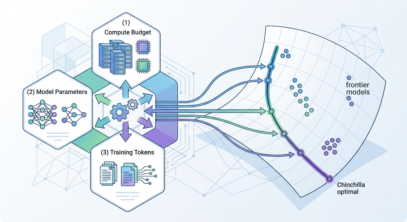 Scaling laws: the 3-way tradeoff between compute, parameters, and training tokens
