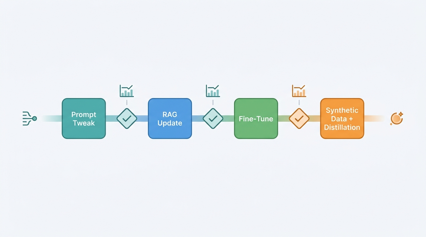 Horizontal refinement ladder pipeline showing Prompt Tweak, RAG Update, Fine-Tune, and Synthetic Data plus Distillation with eval gates between each rung