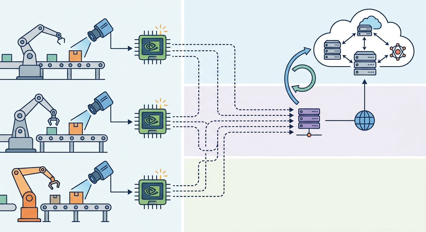 Edge vs. Cloud hybrid architecture — factory floor inspection stations running quantized VLMs on Jetson Orin, connected via MQTT to an on-premise reasoning server routing complex analytics to cloud VLMs