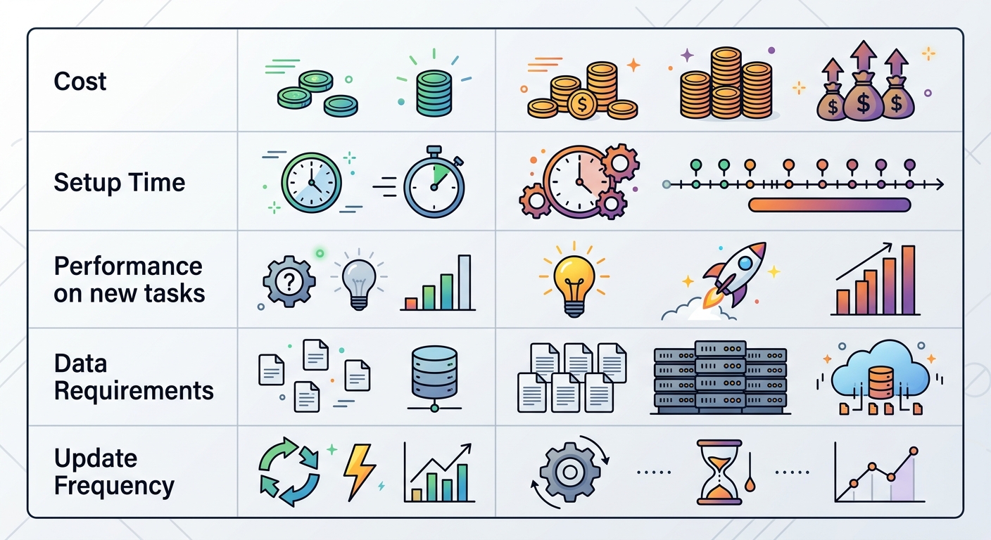 In-context learning vs fine-tuning comparison table across 5 dimensions