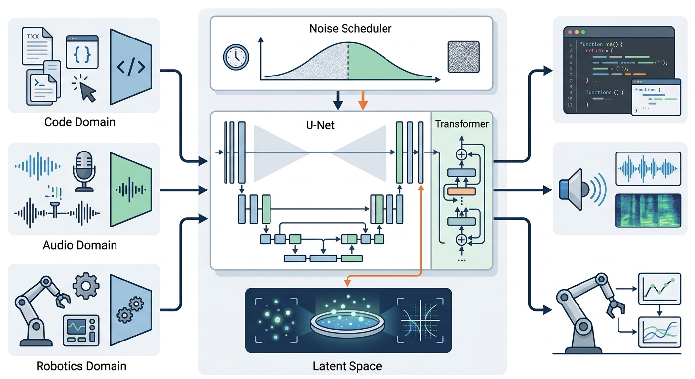 Architecture diagram showing how diffusion models adapt from image generation to code, audio, and robotics domains using a shared latent space and backbone