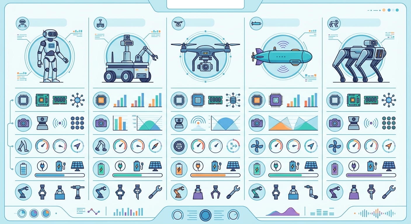 Comparison infographic of 5 major embodied AI platforms with key specs