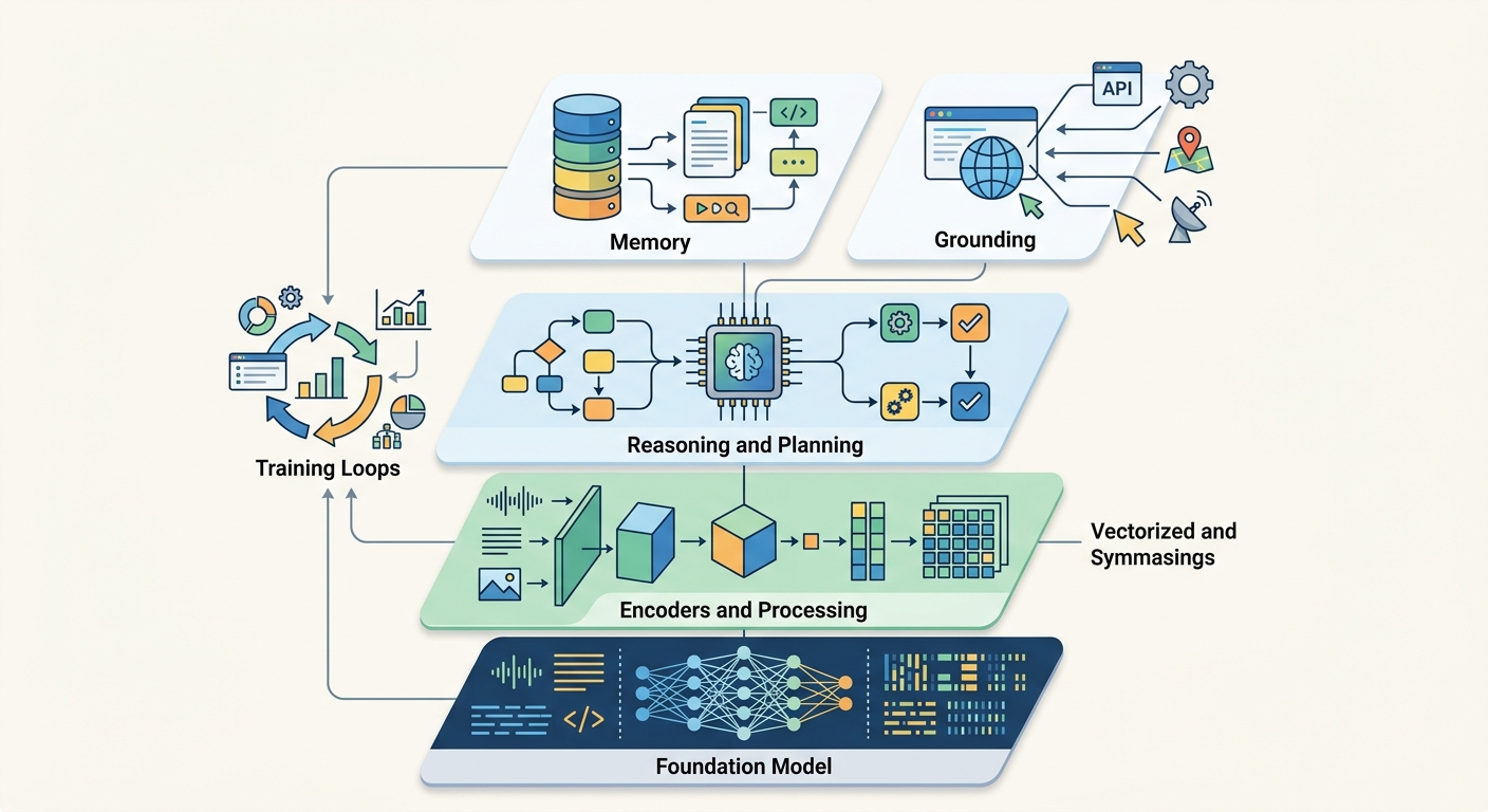 Deep learning agent stack: foundation model, encoders, reasoning, memory, grounding, and training loops