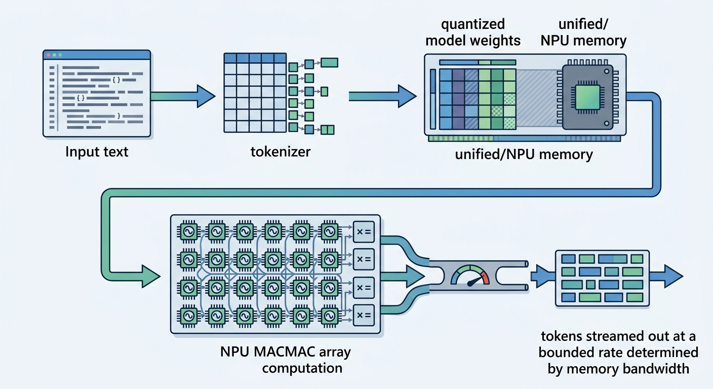 On-device LLM inference data-flow diagram: input text to tokenizer, quantized model weights in unified or NPU memory, NPU MAC-array computation, token output bounded by memory bandwidth