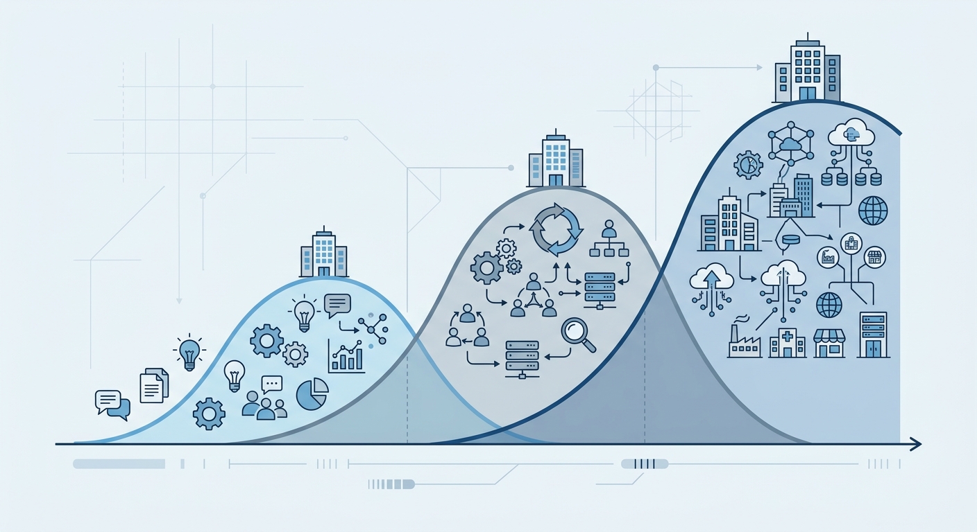 Three-wave enterprise AI adoption timeline for 2026: copilots and assistants, agentic workflows, and vertical platforms