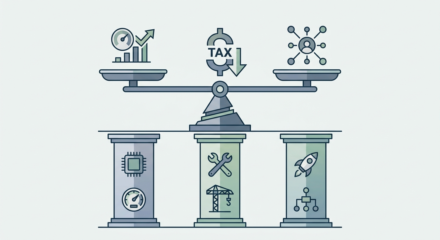 A balance scale labeled "Safety" on one side and "Capabilities" on the other, with "ALIGNMENT TAX" as the cost marked at the fulcrum. Below the scale: three labeled cost pillars — "Performance Tax | Development Tax | Deployment Tax"