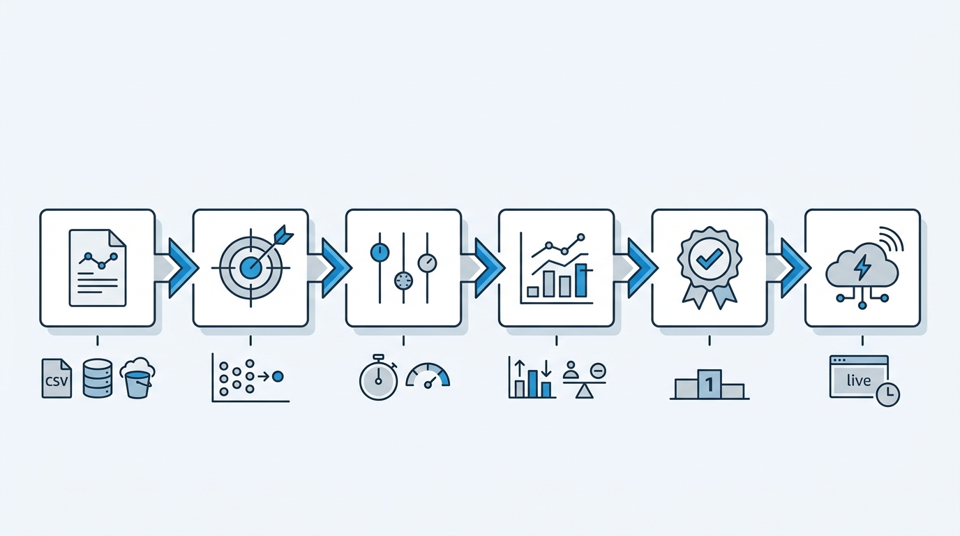 No-code AutoML workflow: six steps from data upload to REST API deployment