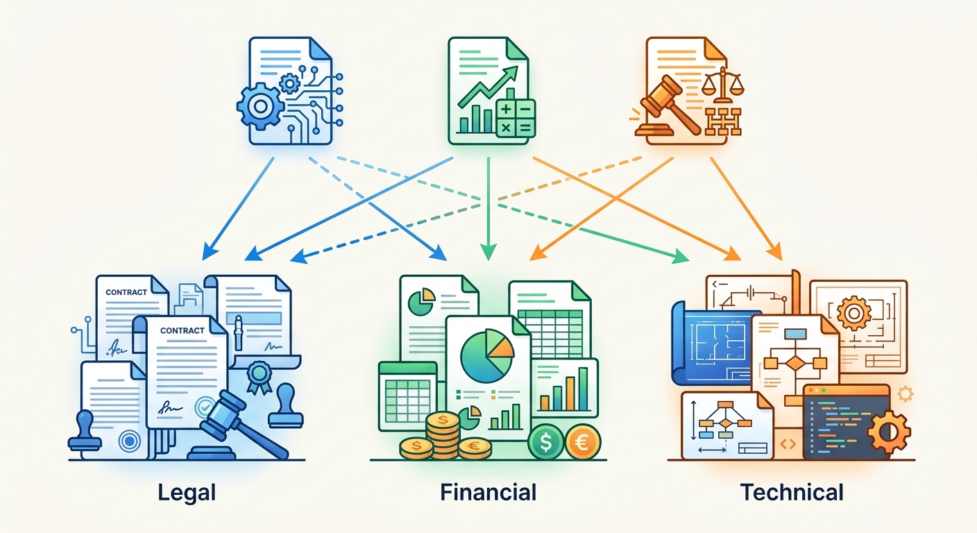 Three document icons representing each model, with arrows pointing to different enterprise document types — legal, financial, and technical — showing use-case fit