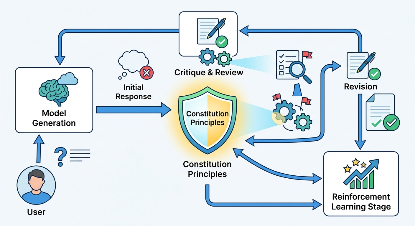Constitutional AI self-critique and revision loop diagram