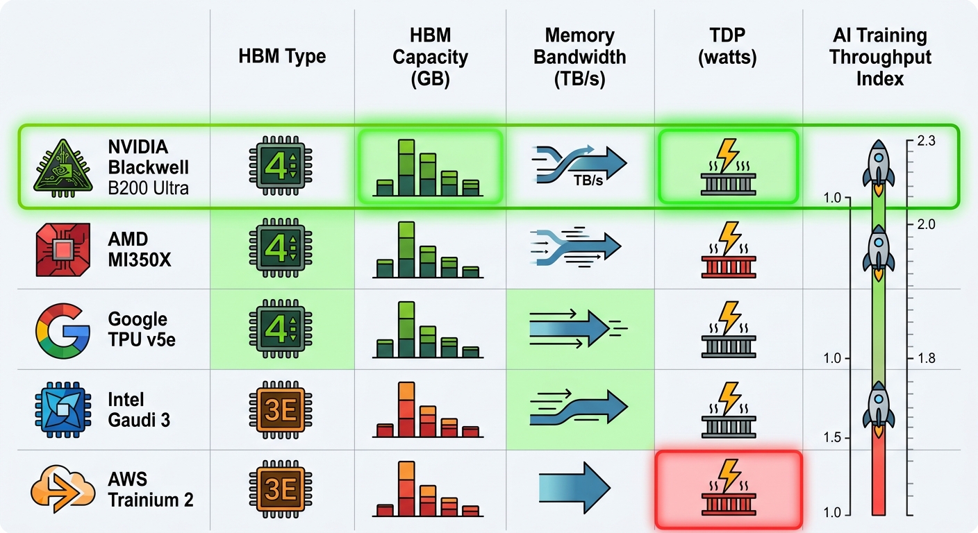 AI accelerator comparison table: NVIDIA Blackwell Ultra, AMD MI350X, Google TPU v5e, Intel Gaudi 3, AWS Trainium 2 across HBM type, capacity, bandwidth, TDP, throughput