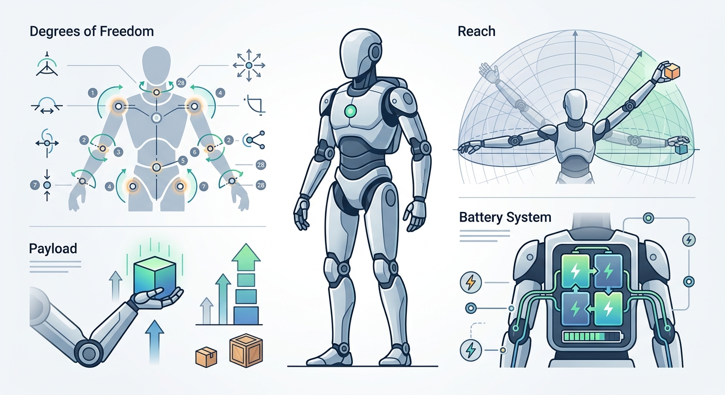 Electric Atlas robot key specifications — 56 degrees of freedom, 2.3m reach, 50kg payload, self-swapping battery system