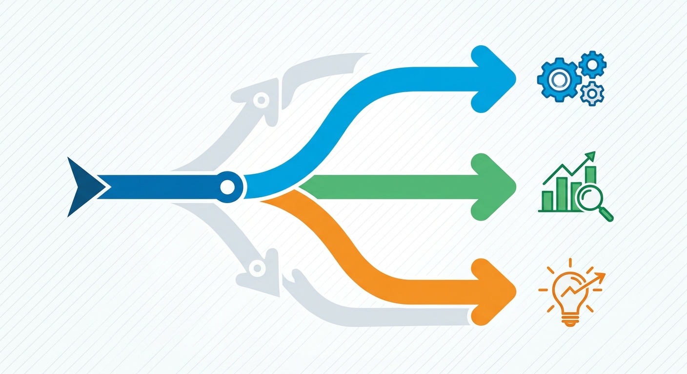 Section-break concept — Three-pronged fork or trifurcated arrow splitting into three, representing GitHub Copilot, Cursor, and Amazon CodeWhisperer. Clean vector style.