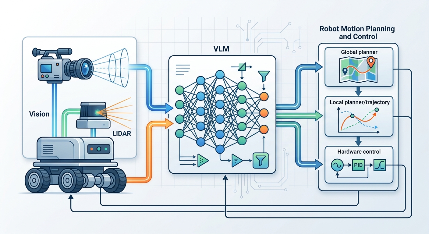 Architecture diagram showing a robot with camera/sensor inputs connecting to a VLM processing layer, then to robot motion planning and control systems