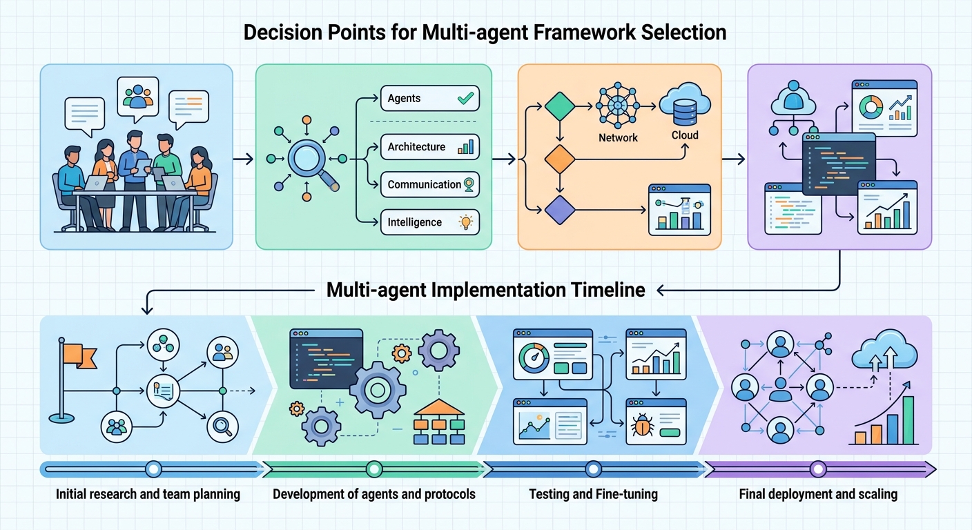 Summary infographic showing key decision points for multi-agent framework selection and implementation timeline
